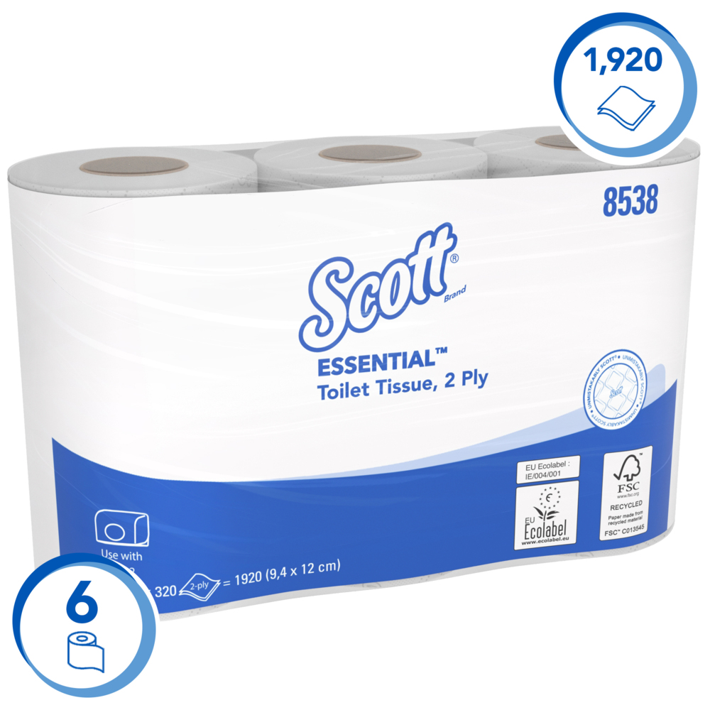 Papier toilette taille standard Scott® Essential™ 8538 - Papier toilette 2 épaisseurs - 6 paquets de 6 rouleaux x 320 feuilles de papier toilette blanc (36 rouleaux/11 520 feuilles au total) - 8538