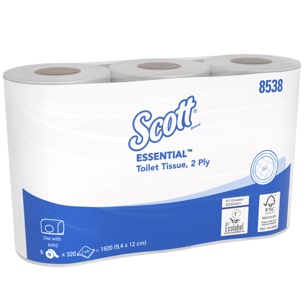 Scott® Essential™ Standard Size Toilet Roll 8538 - 2 Ply Toilet Paper - 6 Packs of 6 Toilet Rolls x 320 White Toilet Tissue Sheets (36 Rolls / 11,520 Sheets Total) - 8538