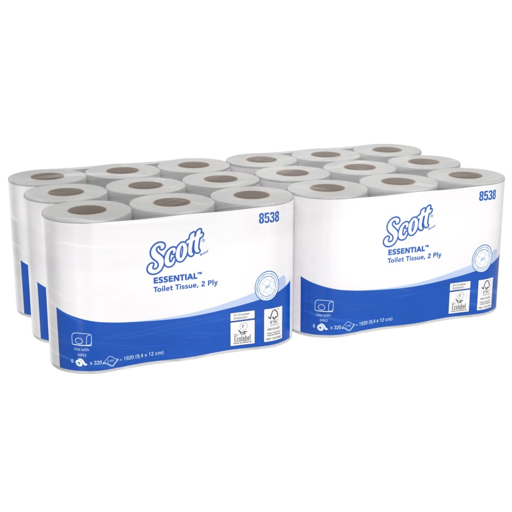 Scott® Essential™ Standard Size Toilet Roll 8538 - 2 Ply Toilet Paper - 6 Packs of 6 Toilet Rolls x 320 White Toilet Tissue Sheets (36 Rolls / 11,520 Sheets Total) - 8538