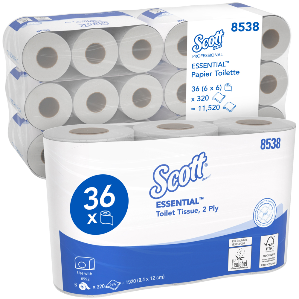 Papier toilette taille standard Scott® Essential™ 8538 - Papier toilette 2 épaisseurs - 6 paquets de 6 rouleaux x 320 feuilles de papier toilette blanc (36 rouleaux/11 520 feuilles au total) - 8538
