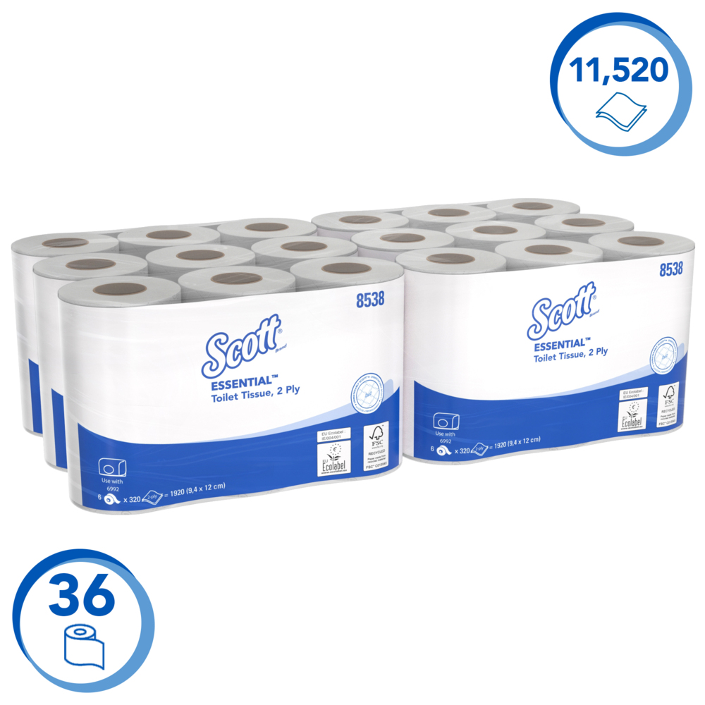 Papier toilette taille standard Scott® Essential™ 8538 - Papier toilette 2 épaisseurs - 6 paquets de 6 rouleaux x 320 feuilles de papier toilette blanc (36 rouleaux/11 520 feuilles au total) - 8538