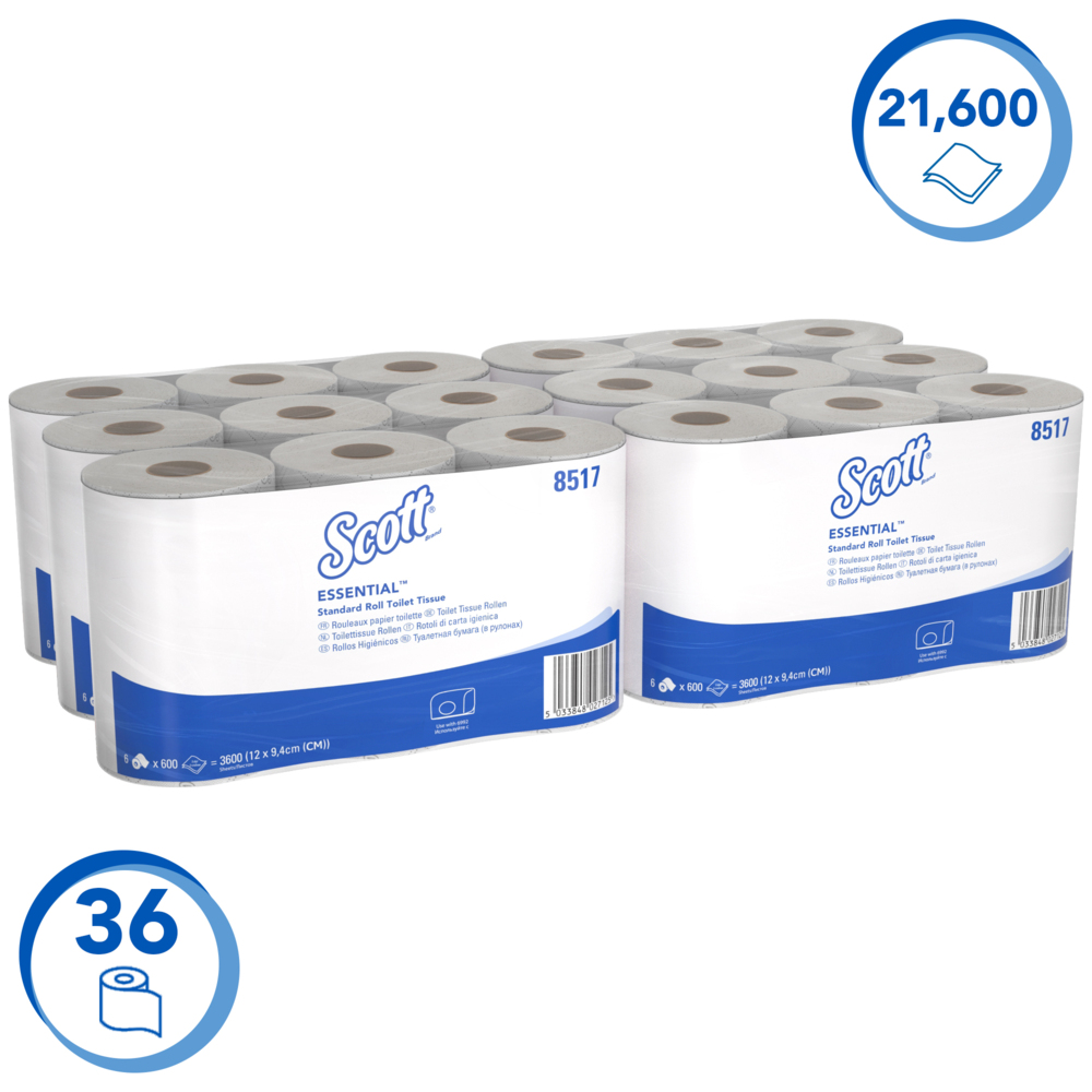 Scott® Essential™ Рулонная туалетная бумага в малом рулоне, код 8517, 36 рулонов x 600 листов белой двухслойной бумаги (итого 21 600 шт.) - 8517