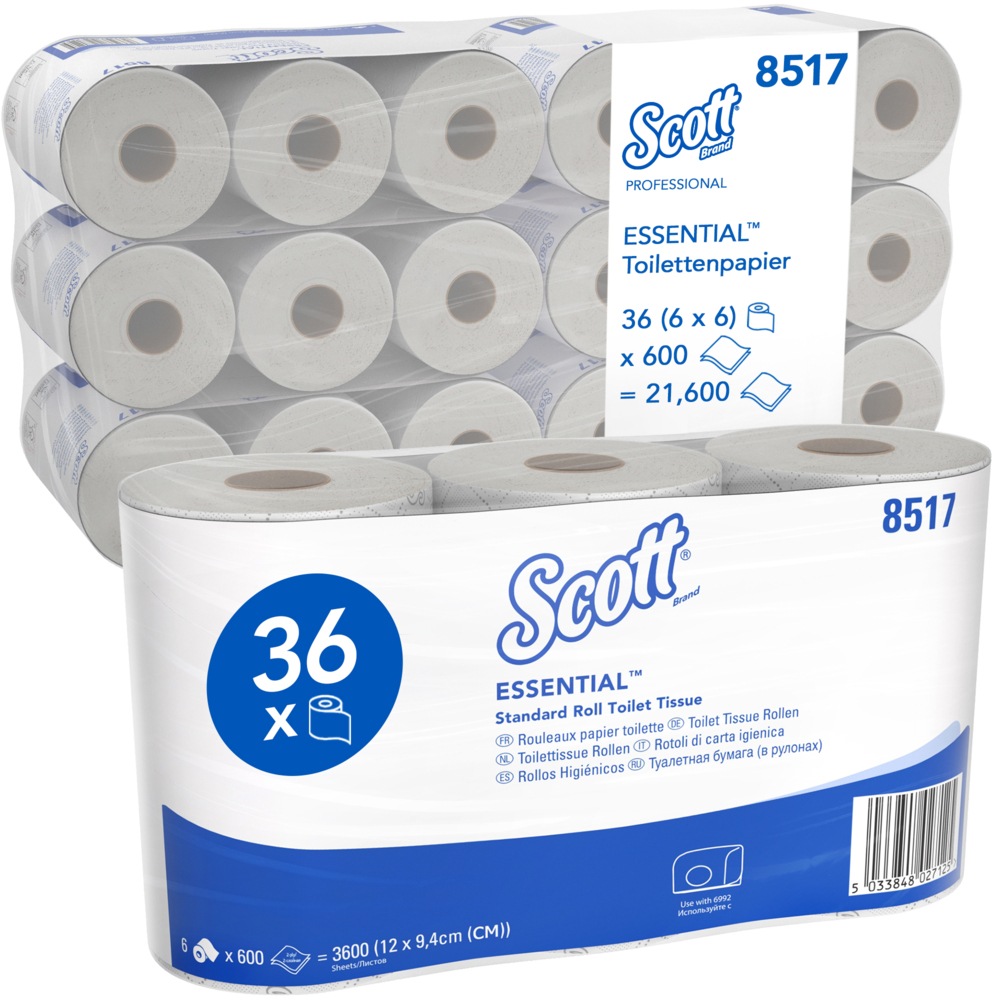 Scott® Essential™ Рулонная туалетная бумага в малом рулоне, код 8517, 36 рулонов x 600 листов белой двухслойной бумаги (итого 21 600 шт.) - 8517