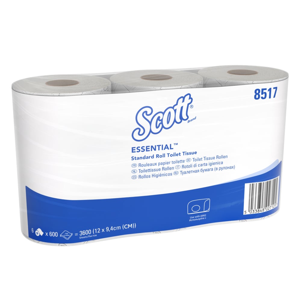 Scott® Essential™ Рулонная туалетная бумага в малом рулоне, код 8517, 36 рулонов x 600 листов белой двухслойной бумаги (итого 21 600 шт.) - 8517