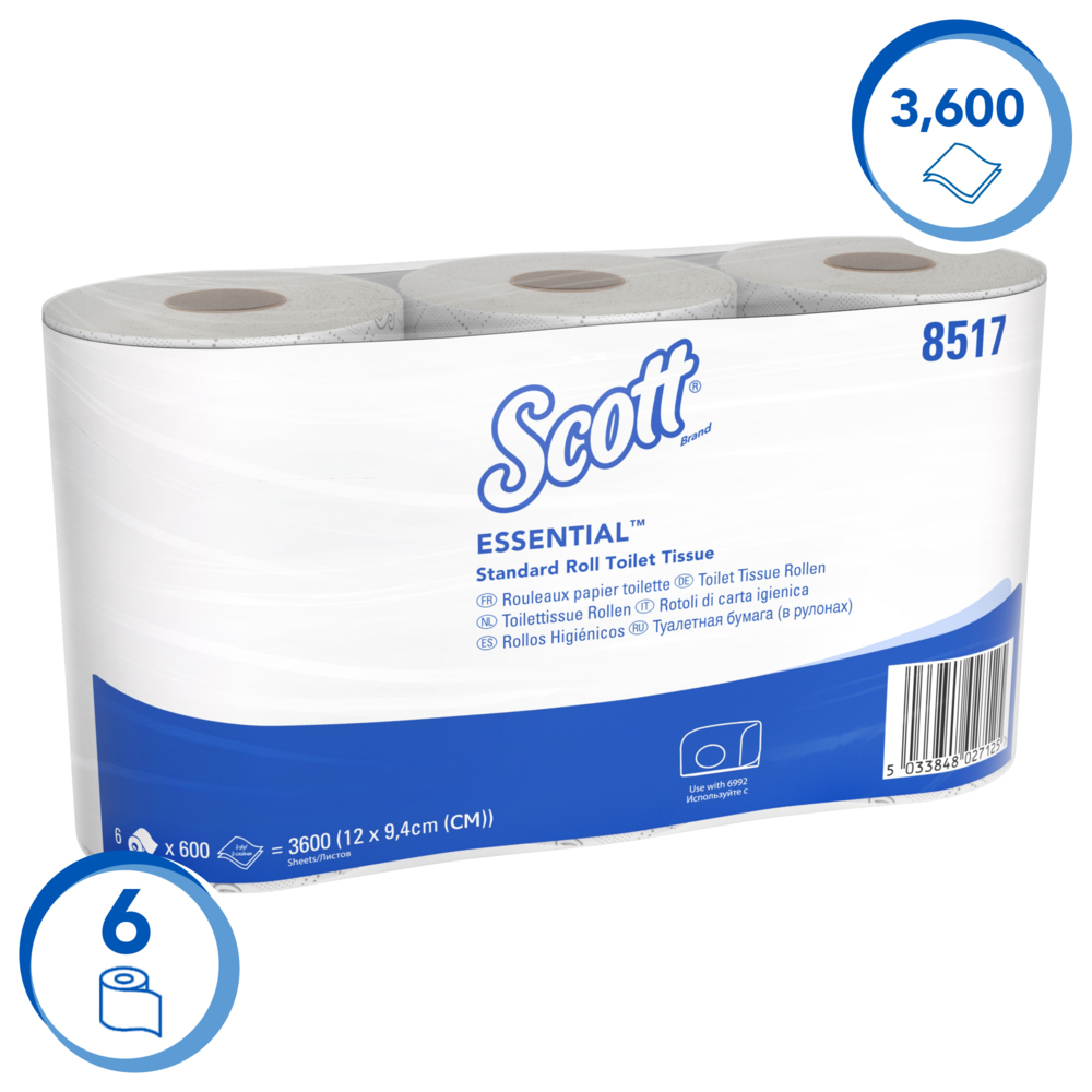 Scott® Essential™ Рулонная туалетная бумага в малом рулоне, код 8517, 36 рулонов x 600 листов белой двухслойной бумаги (итого 21 600 шт.) - 8517