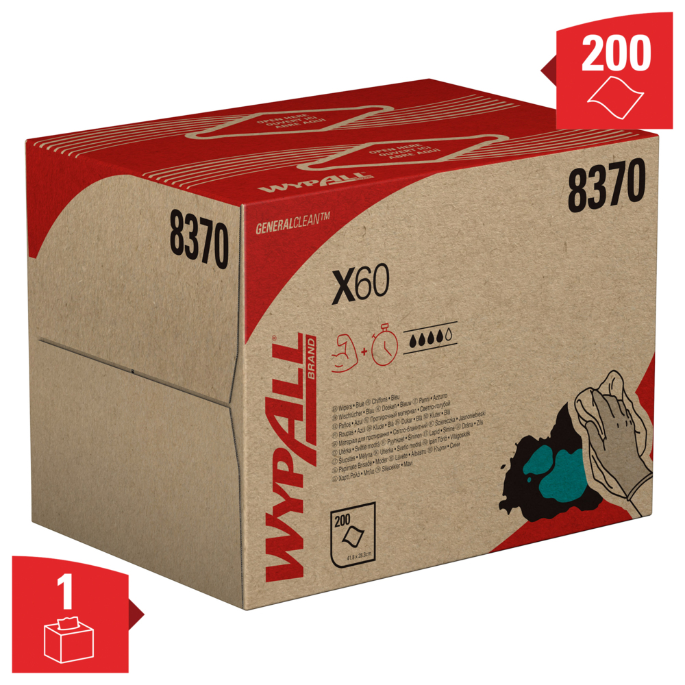 WypAll® X60 General Clean™-poetsdoeken 8370 - blauwe poetsdoeken - 1 BRAG™-doos x 200 witte poetsdoeken (200 in totaal) - 8370