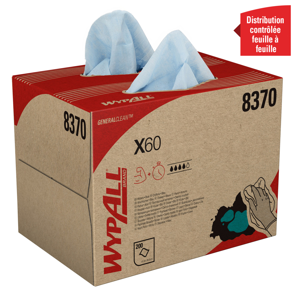 Chiffons WypAll® X60 General Clean™ 8370 - Chiffons de nettoyage bleus - 1 boîte BRAG™ x 200 chiffons d'essuyage (200 au total) - 8370