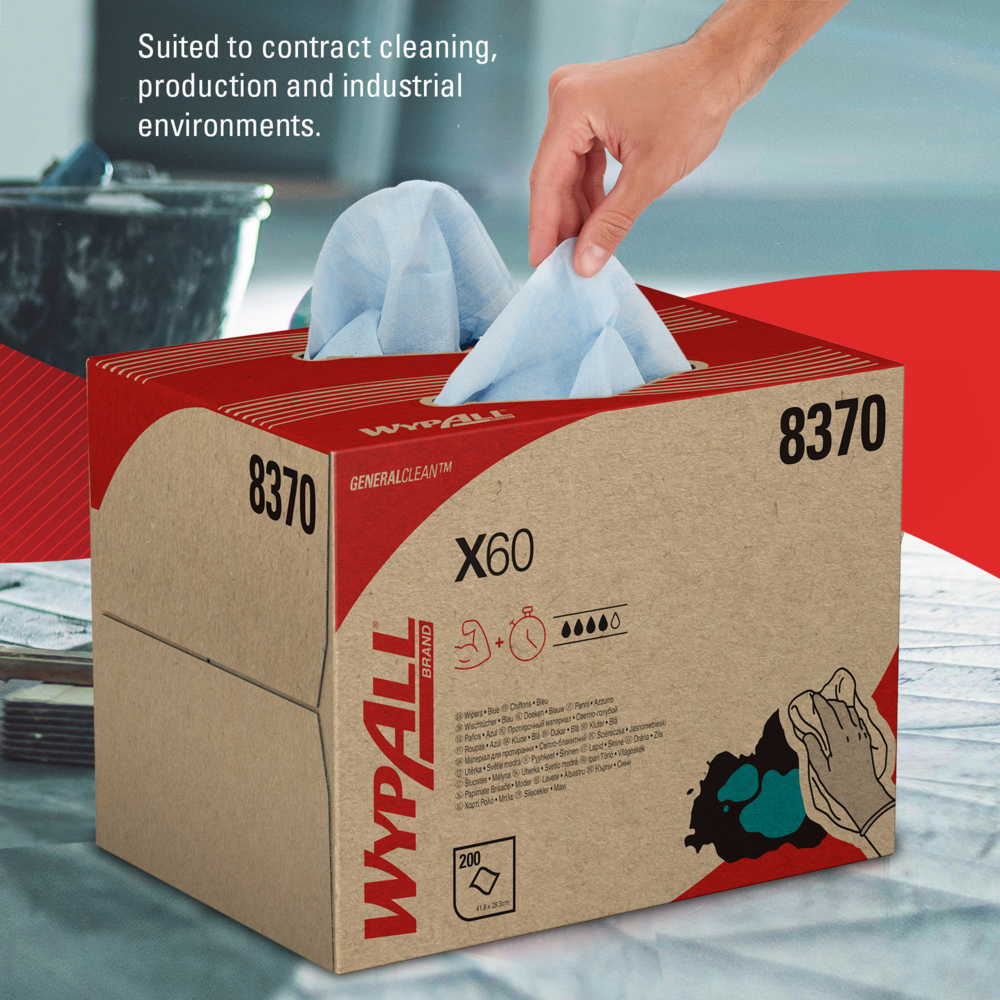 WypAll® X60 General Clean™-poetsdoeken 8370 - blauwe poetsdoeken - 1 BRAG™-doos x 200 witte poetsdoeken (200 in totaal) - 8370