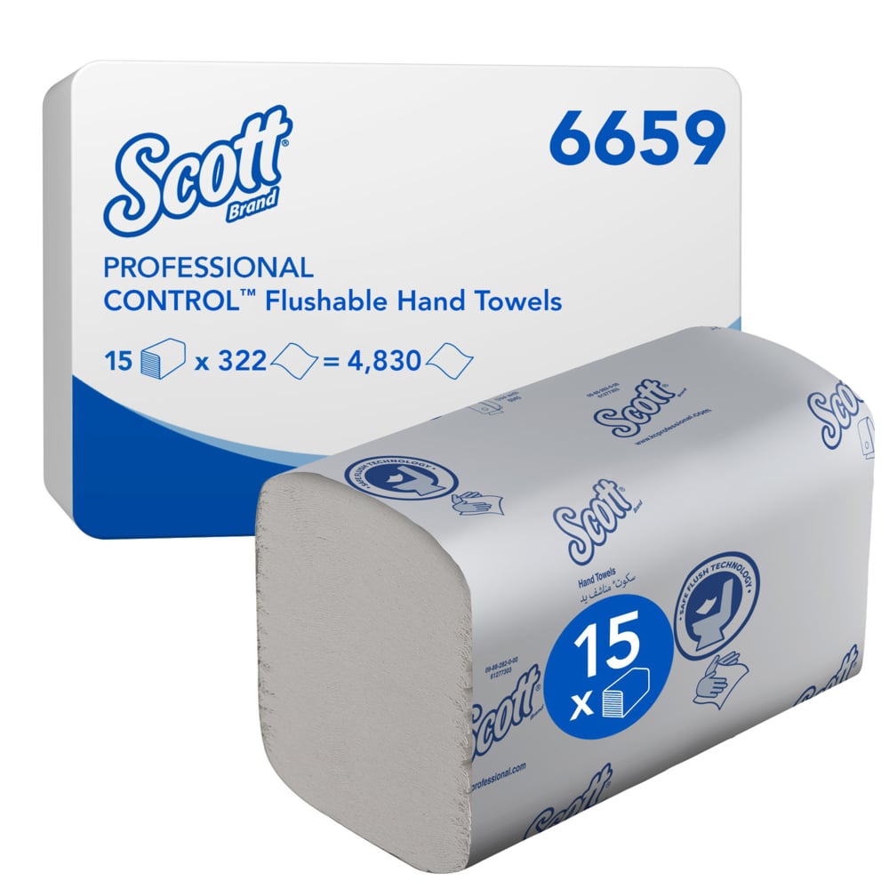 Scott® Control™ Смываемые сложенные полотенца для рук, код 6659, 15 упаковок x 322 белых однослойных полотенец (итого 4830 шт.) - 6659