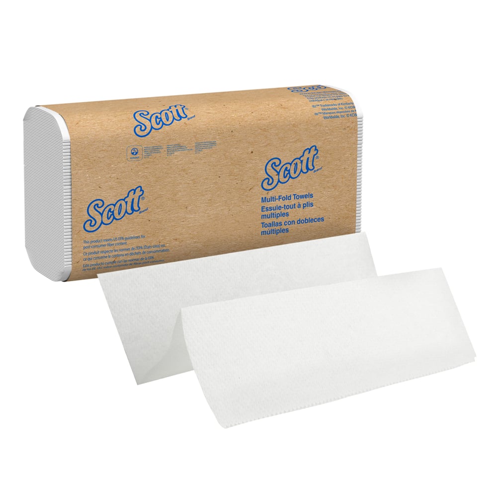 essuie-mains à plis multiples Scott® (01804), avec technologie Absorbency Pockets™, feuilles de 23,37 cm x 23,88 cm (9,2 po x 9,4 po), blanches (250 feuilles/paquet, 16 paquets/caisse, 4 000 feuilles/caisse) - 01804