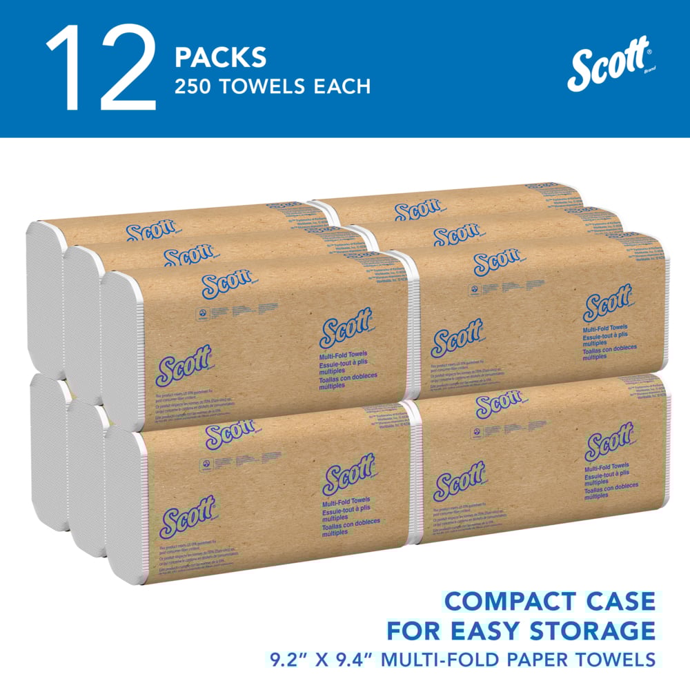 Scott® Multifold Paper Towels (03650), with Absorbency Pockets™, 9.2" x 9.4" sheets, White, Compressed Pack, Compact Case for Easy Storage (250 Sheets/Pack, 12 Packs/Case, 3,000 Sheets/Case) - 03650