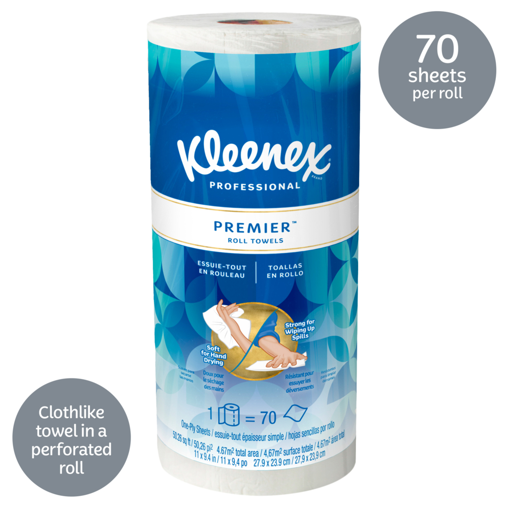 Essuie-tout pour cuisine Kleenex Premier (13964), doux comme du tissu, perforés, 24 rouleaux/caisse, 70 essuie-tout Kleenex/rouleau - 13964