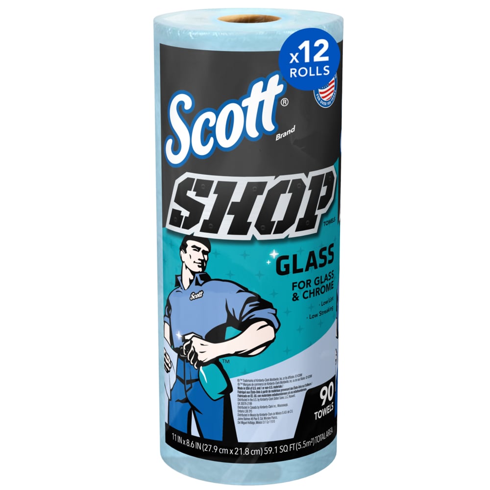 Scott® Shop Towels Glass™ (32896), Blue Shop Towels for Glass, Mirrors and Chrome, 8.6"x11" sheets (90 Towels/Roll, 12 Rolls/Case, 1,080 Towels/Case) - 32896