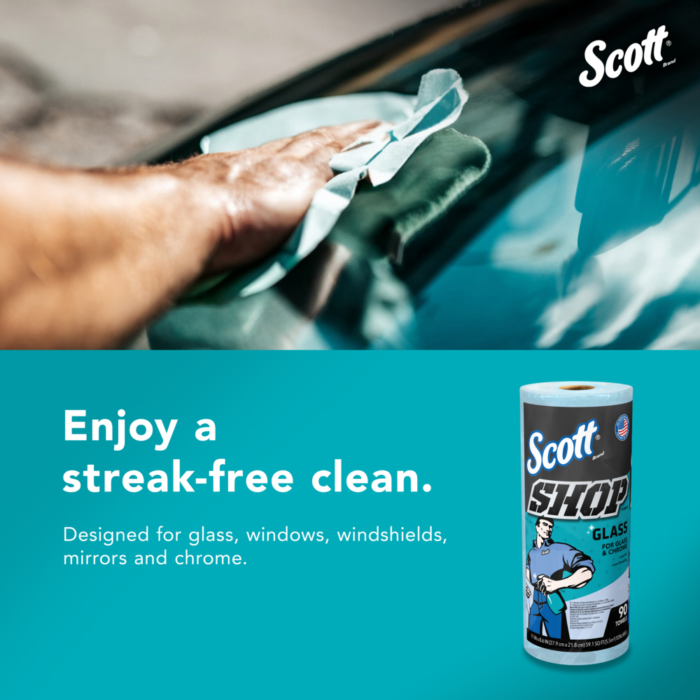 Scott® Shop Towels Glass™ (32896), Blue Shop Towels for Glass, Mirrors and Chrome, 8.6"x11" sheets (90 Towels/Roll, 12 Rolls/Case, 1,080 Towels/Case) - 32896