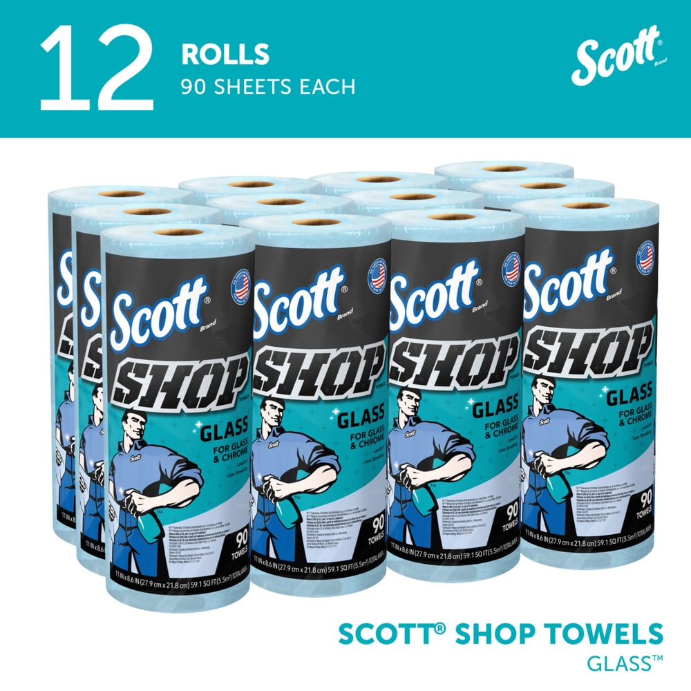 Scott® Shop Towels Glass™ (32896), Blue Shop Towels for Glass, Mirrors and Chrome, 8.6"x11" sheets (90 Towels/Roll, 12 Rolls/Case, 1,080 Towels/Case) - 32896