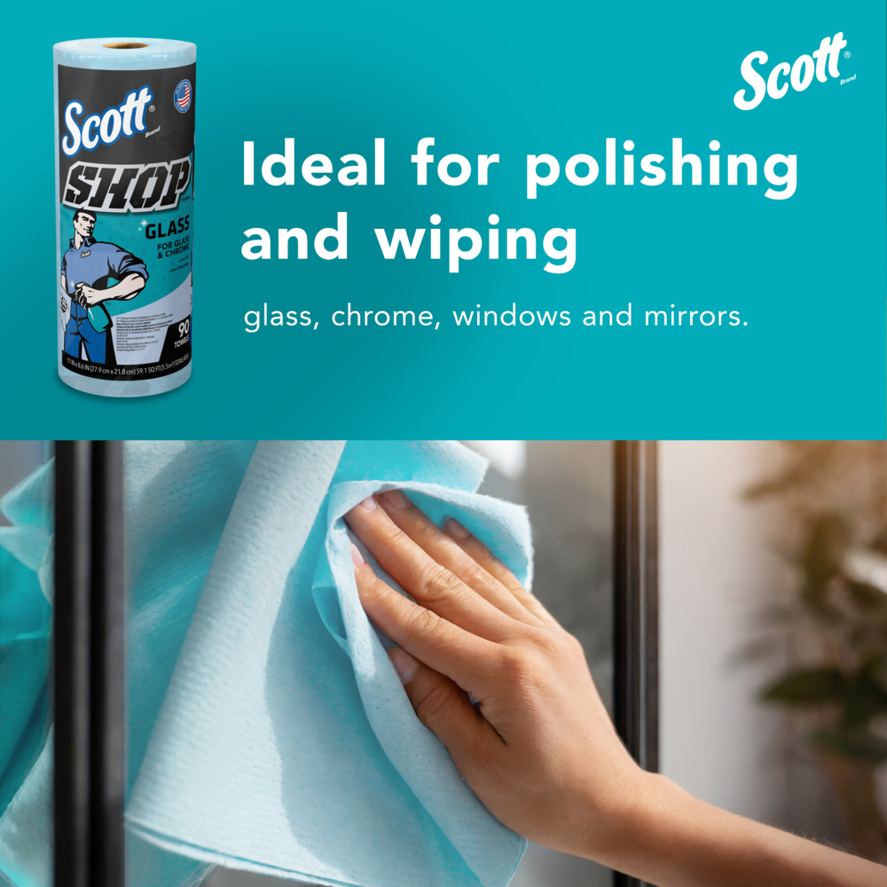 Scott® Shop Towels Glass™ (32896), Blue Shop Towels for Glass, Mirrors and Chrome, 8.6"x11" sheets (90 Towels/Roll, 12 Rolls/Case, 1,080 Towels/Case) - 32896