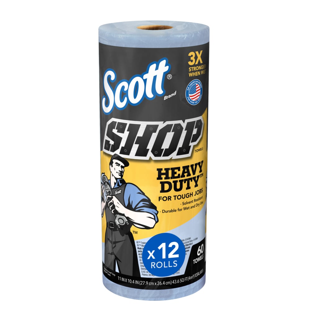 Scott® Shop Towels Heavy Duty™ (32992), Blue Shop Towels for Solvents and Heavy Duty Jobs, 10.4"x11" sheets (60 Towels/Roll, 12 Rolls/Case, 720 Towels/Case) - 32992