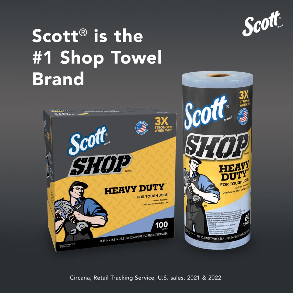 Scott® Shop Towels Heavy Duty™ (32992), Blue Shop Towels for Solvents and Heavy Duty Jobs, 10.4"x11" sheets (60 Towels/Roll, 12 Rolls/Case, 720 Towels/Case) - 32992