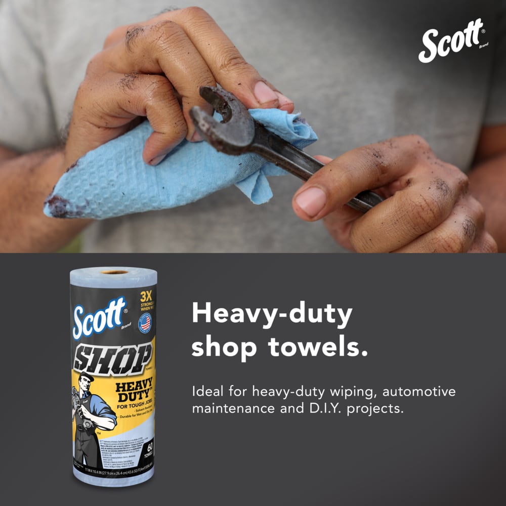 Scott® Shop Towels Heavy Duty™ (32992), Blue Shop Towels for Solvents and Heavy Duty Jobs, 10.4"x11" sheets (60 Towels/Roll, 12 Rolls/Case, 720 Towels/Case) - 32992