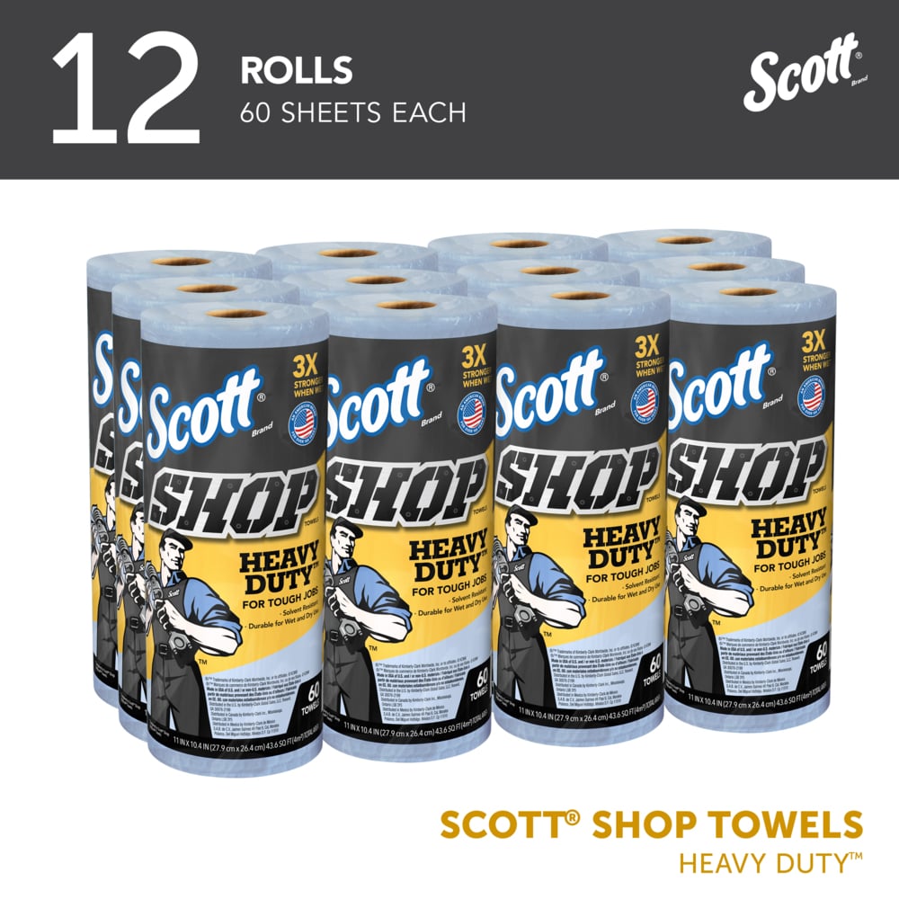 Scott® Shop Towels Heavy Duty™ (32992), Blue Shop Towels for Solvents and Heavy Duty Jobs, 10.4"x11" sheets (60 Towels/Roll, 12 Rolls/Case, 720 Towels/Case) - 32992