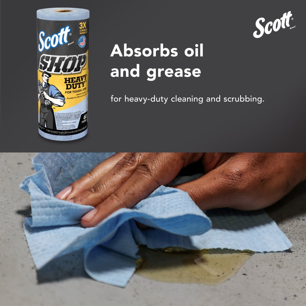 Scott® Shop Towels Heavy Duty™ (32992), Blue Shop Towels for Solvents and Heavy Duty Jobs, 10.4"x11" sheets (60 Towels/Roll, 12 Rolls/Case, 720 Towels/Case) - 32992