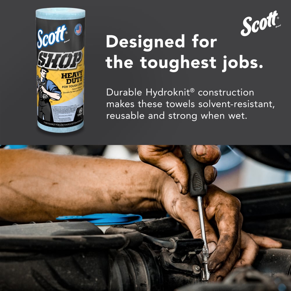 Scott® Shop Towels Heavy Duty™ (32992), Blue Shop Towels for Solvents and Heavy Duty Jobs, 10.4"x11" sheets (60 Towels/Roll, 12 Rolls/Case, 720 Towels/Case) - 32992