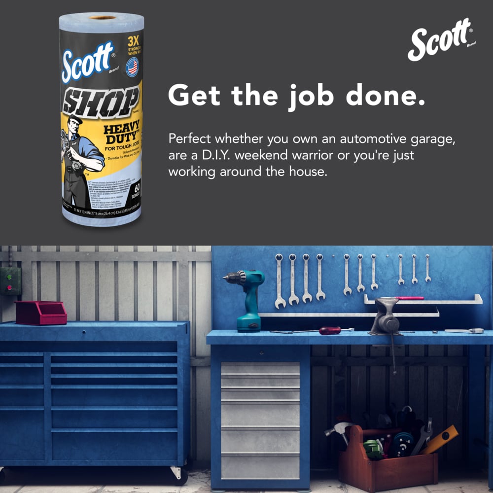 Scott® Shop Towels Heavy Duty™ (32992), Blue Shop Towels for Solvents and Heavy Duty Jobs, 10.4"x11" sheets (60 Towels/Roll, 12 Rolls/Case, 720 Towels/Case) - 32992