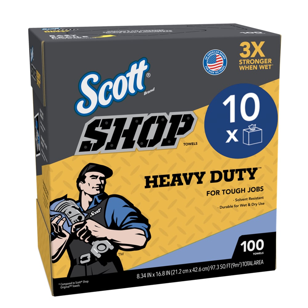 Scott® Shop Towels Heavy Duty™ (54014), Blue Shop Towels for Solvents and Heavy Duty Jobs, 8.34"x16.8" sheets, Pop-Up™ Box (100 Towels/Box, 10 Boxes/Case, 1,000 Towels/Case) - 54014