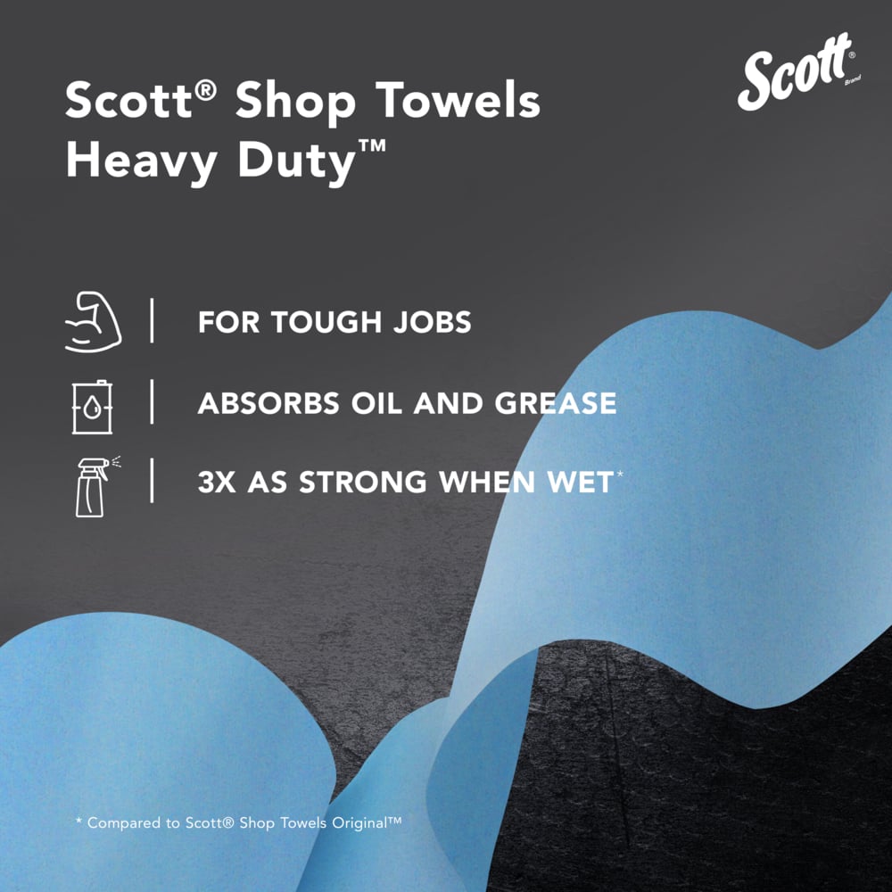 Scott® Shop Towels Heavy Duty™ (32992), Blue Shop Towels for Solvents and Heavy Duty Jobs, 10.4"x11" sheets (60 Towels/Roll, 12 Rolls/Case, 720 Towels/Case) - 32992