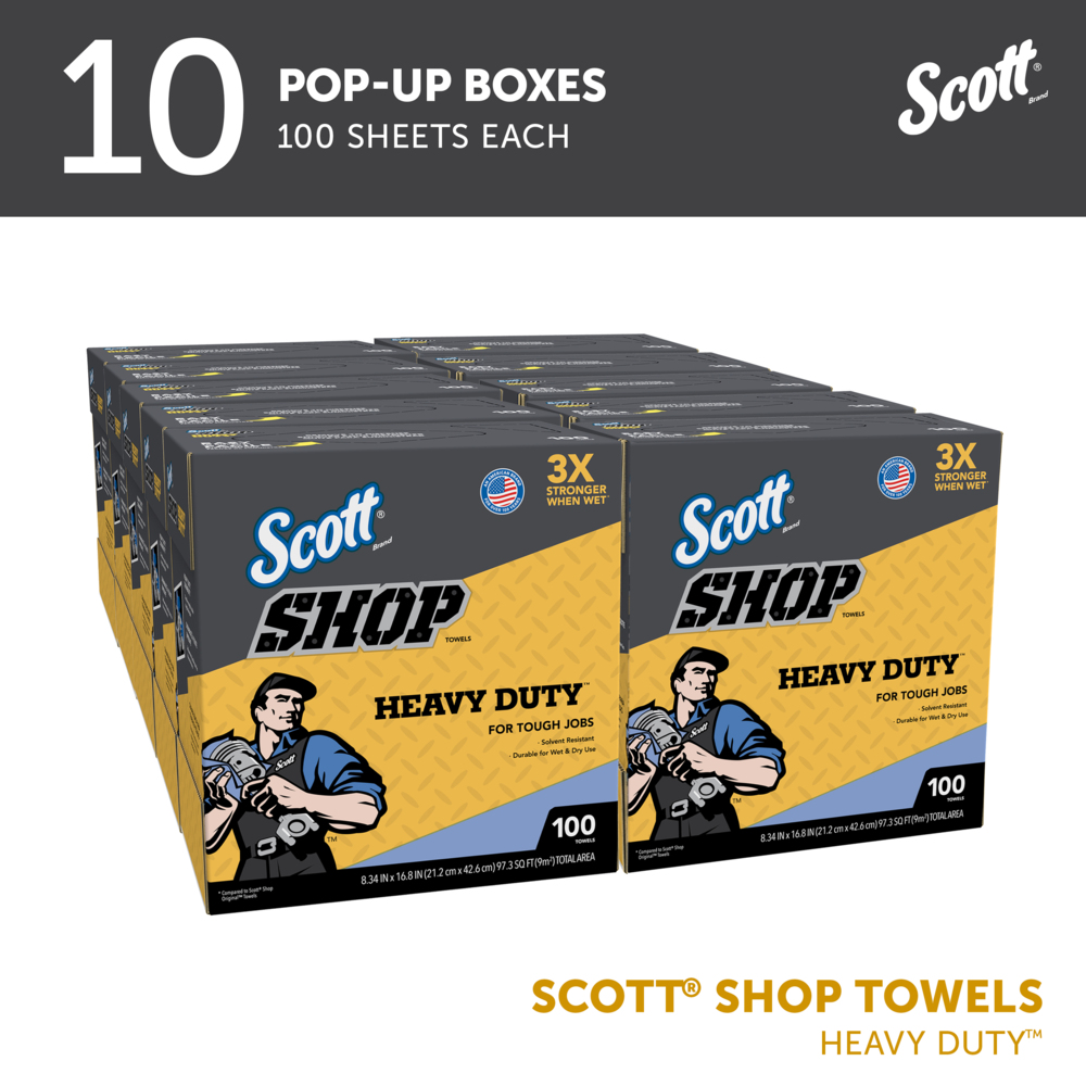 Scott® Shop Towels Heavy Duty™ (54014), Blue Shop Towels for Solvents and Heavy Duty Jobs, 8.34"x16.8" sheets, Pop-Up™ Box (100 Towels/Box, 10 Boxes/Case, 1,000 Towels/Case) - 54014