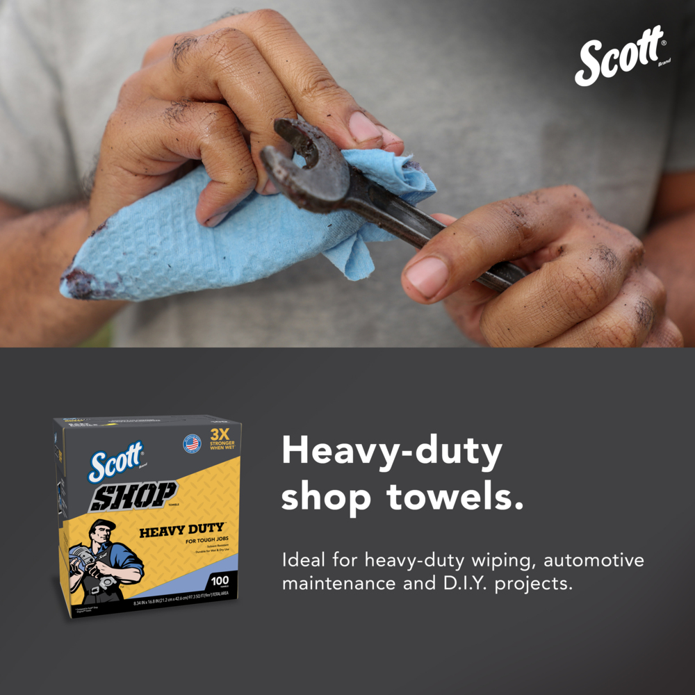 Scott® Shop Towels Heavy Duty™ (54014), Blue Shop Towels for Solvents and Heavy Duty Jobs, 8.34"x16.8" sheets, Pop-Up™ Box (100 Towels/Box, 10 Boxes/Case, 1,000 Towels/Case) - 54014