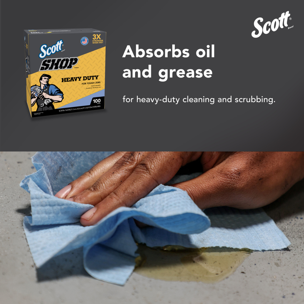 Scott® Shop Towels Heavy Duty™ (54014), Blue Shop Towels for Solvents and Heavy Duty Jobs, 8.34"x16.8" sheets, Pop-Up™ Box (100 Towels/Box, 10 Boxes/Case, 1,000 Towels/Case) - 54014