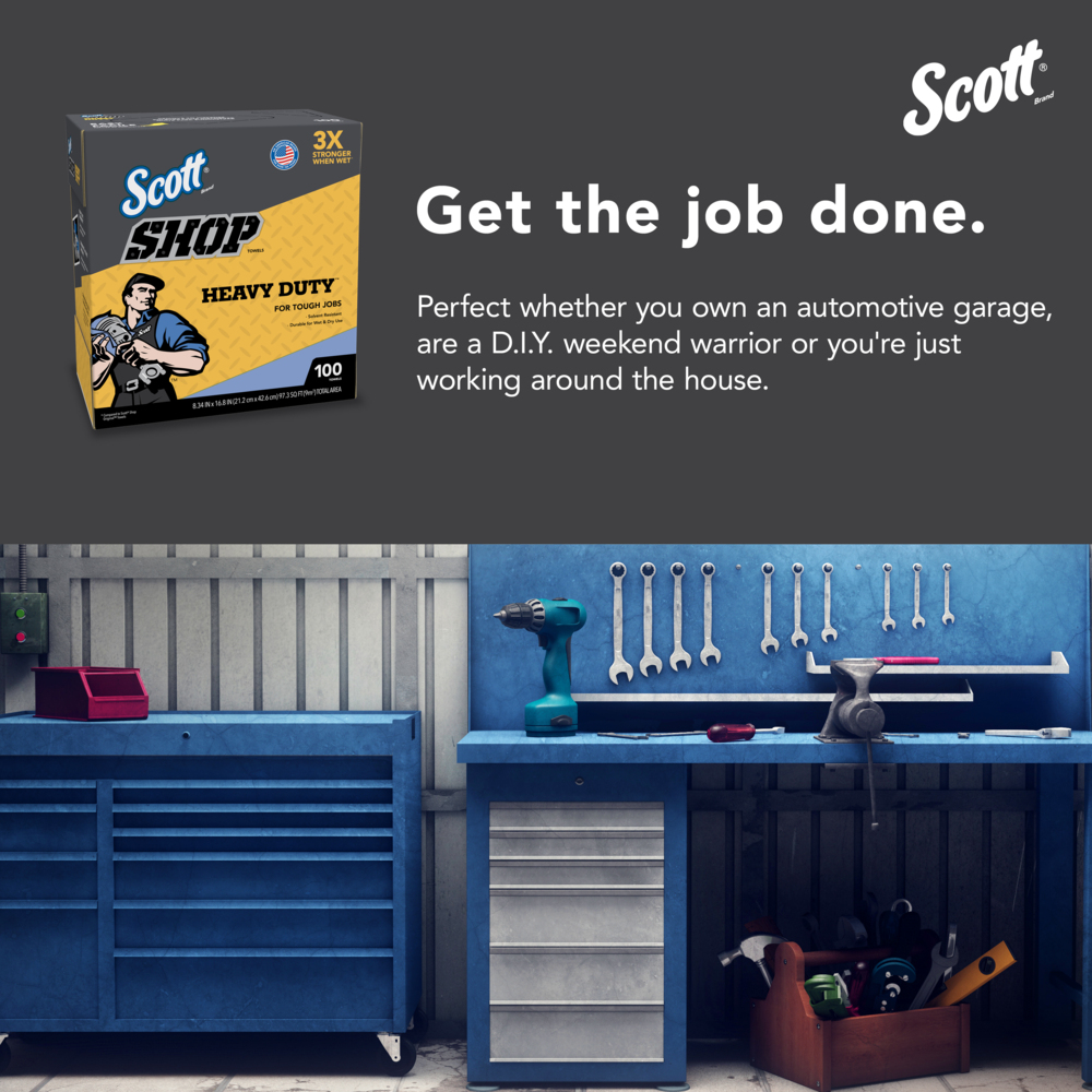 Scott® Shop Towels Heavy Duty™ (54014), Blue Shop Towels for Solvents and Heavy Duty Jobs, 8.34"x16.8" sheets, Pop-Up™ Box (100 Towels/Box, 10 Boxes/Case, 1,000 Towels/Case) - 54014