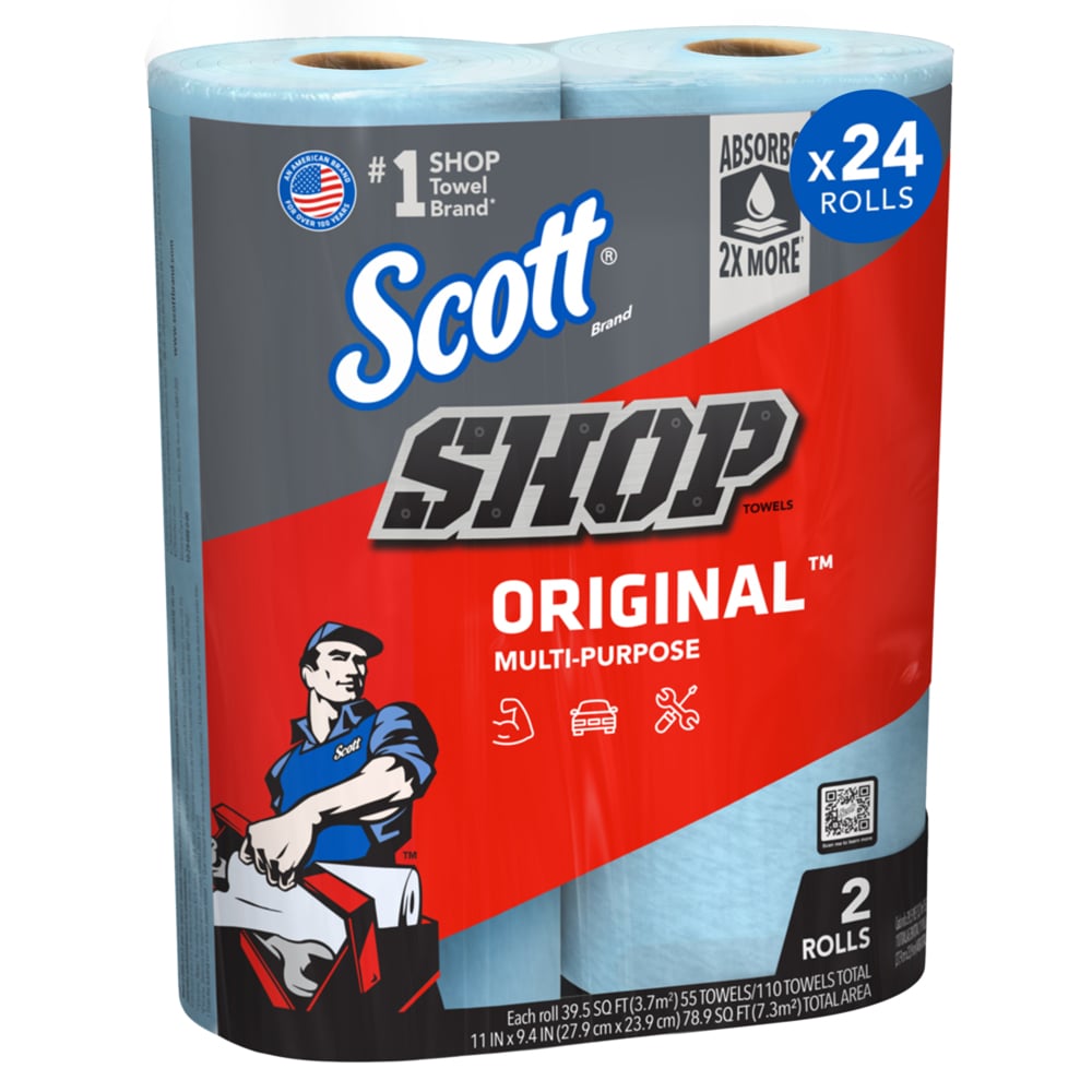 Scott® Shop Towels Original™ (75040), Original Blue Shop Towels, 9.4"x11" sheets, 12 Packs of 2 Rolls (55 Towels/Roll, 24 Rolls/Case, 1,320 Towels/Case) - 75040