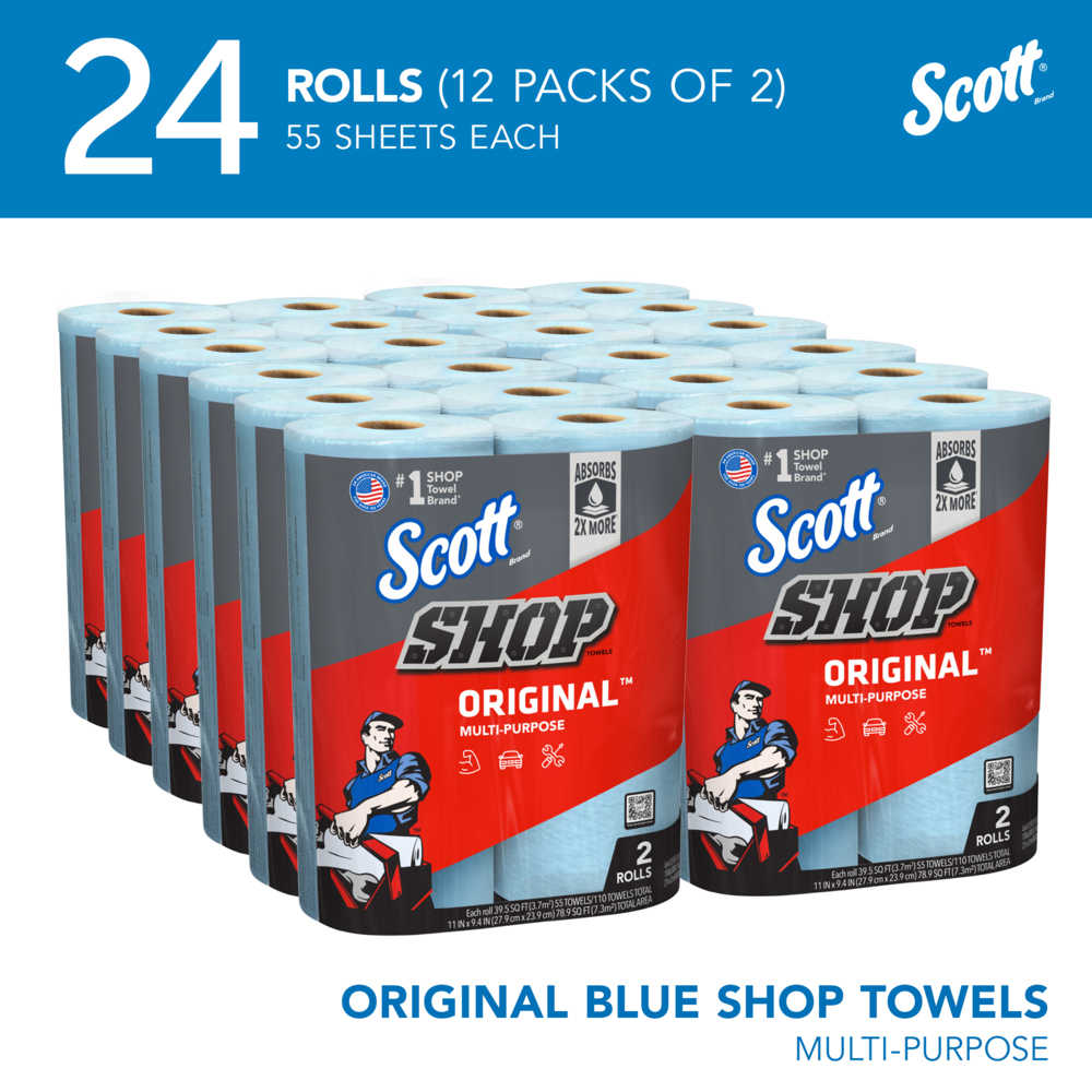 Scott® Shop Towels Original™ (75040), Original Blue Shop Towels, 9.4"x11" sheets, 12 Packs of 2 Rolls (55 Towels/Roll, 24 Rolls/Case, 1,320 Towels/Case) - 75040