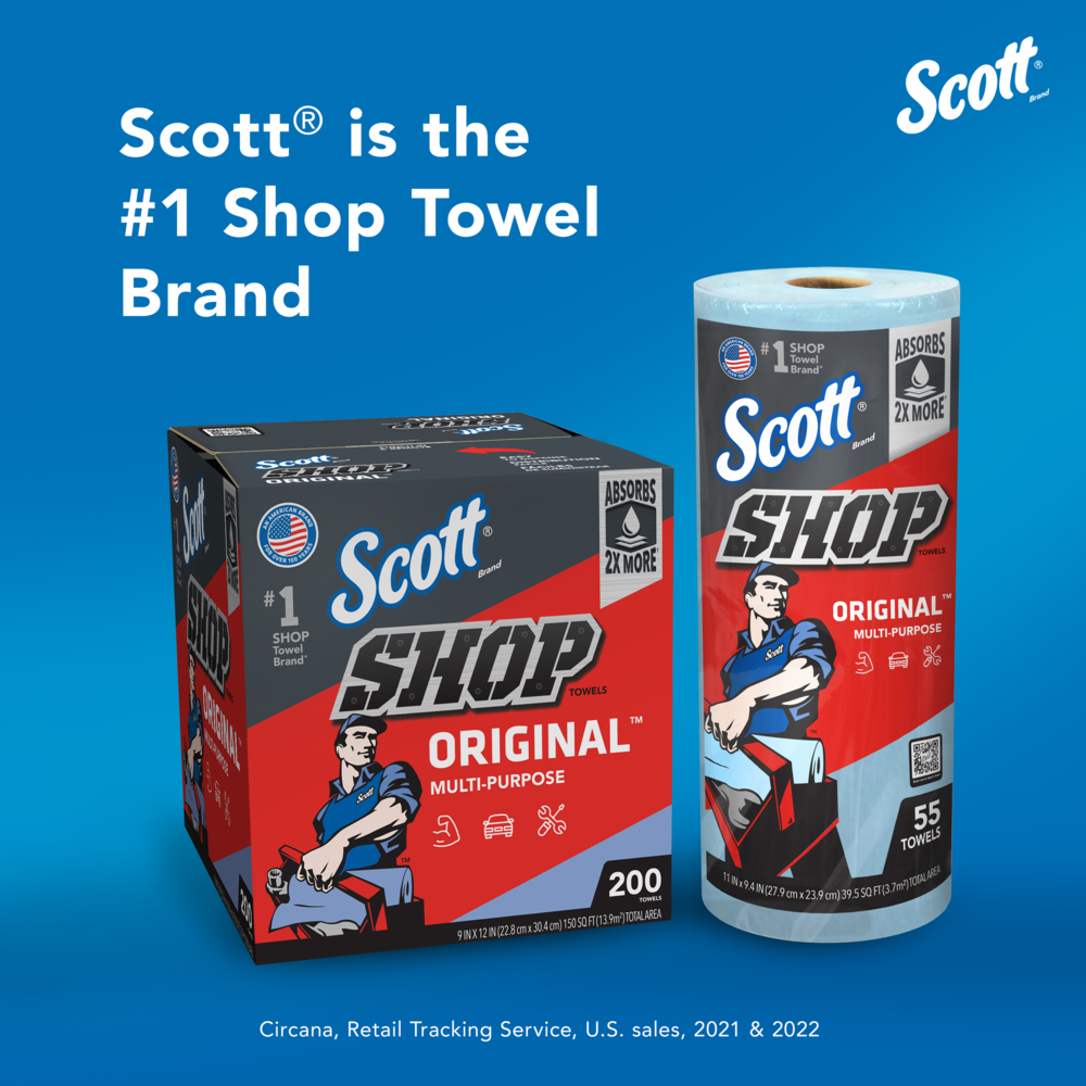 Scott® Shop Towels Original™ (75040), Original Blue Shop Towels, 9.4"x11" sheets, 12 Packs of 2 Rolls (55 Towels/Roll, 24 Rolls/Case, 1,320 Towels/Case) - 75040