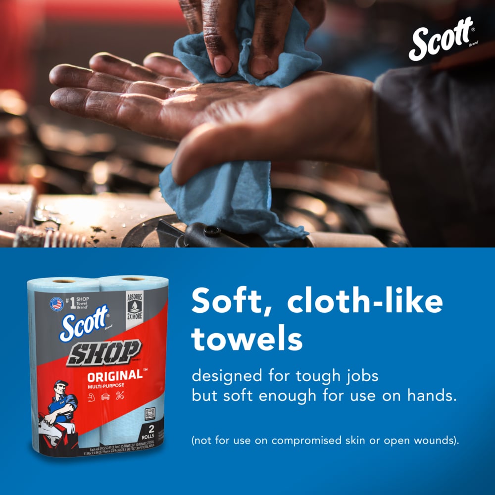 Scott® Shop Towels Original™ (75040), Original Blue Shop Towels, 9.4"x11" sheets, 12 Packs of 2 Rolls (55 Towels/Roll, 24 Rolls/Case, 1,320 Towels/Case) - 75040