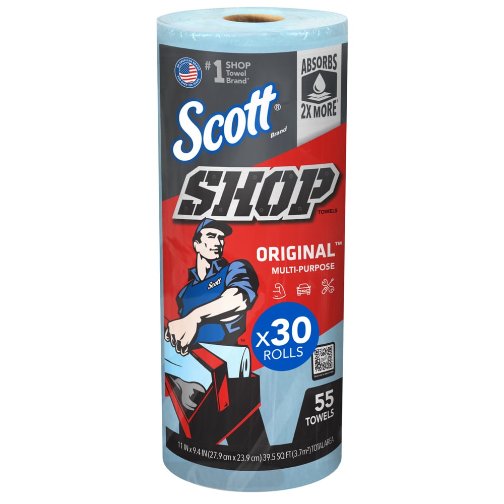 Scott® Shop Towels Original™ (75130), Original Blue Shop Towels, 9.4"x11" sheets (55 Towels/Roll, 30 Rolls/Case, 1,650 Towels/Case)