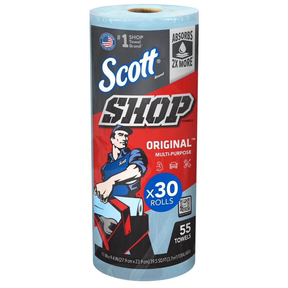 Scott® Shop Towels Original™ (75130), Original Blue Shop Towels, 9.4"x11" sheets (55 Towels/Roll, 30 Rolls/Case, 1,650 Towels/Case) - 75130