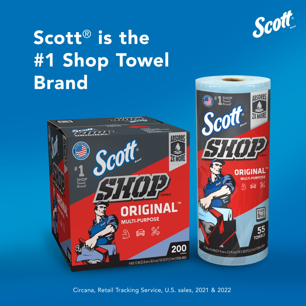 Scott® Shop Towels Original™ (75130), Original Blue Shop Towels, 9.4"x11" sheets (55 Towels/Roll, 30 Rolls/Case, 1,650 Towels/Case) - 75130