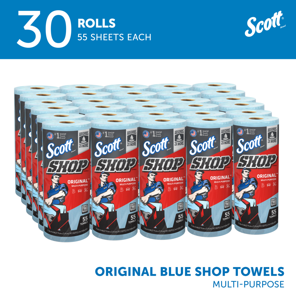 Scott® Shop Towels Original™ (75130), Original Blue Shop Towels, 9.4"x11" sheets (55 Towels/Roll, 30 Rolls/Case, 1,650 Towels/Case) - 75130