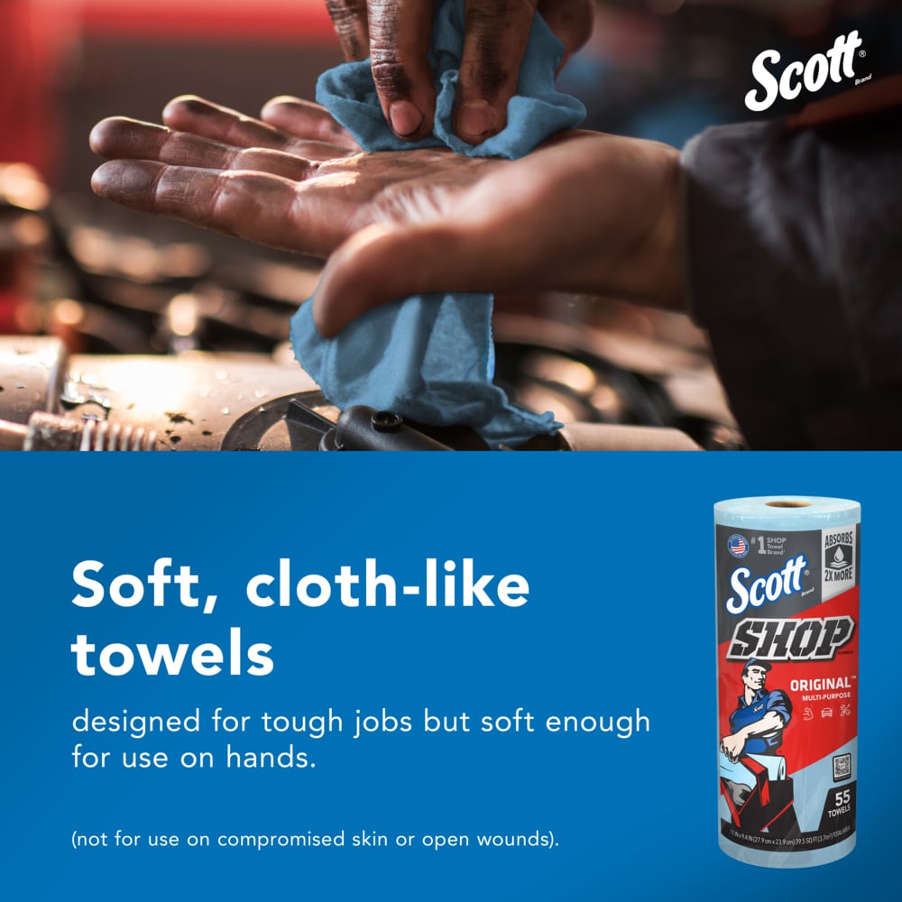 Scott® Shop Towels Original™ (75130), Original Blue Shop Towels, 9.4"x11" sheets (55 Towels/Roll, 30 Rolls/Case, 1,650 Towels/Case) - 75130