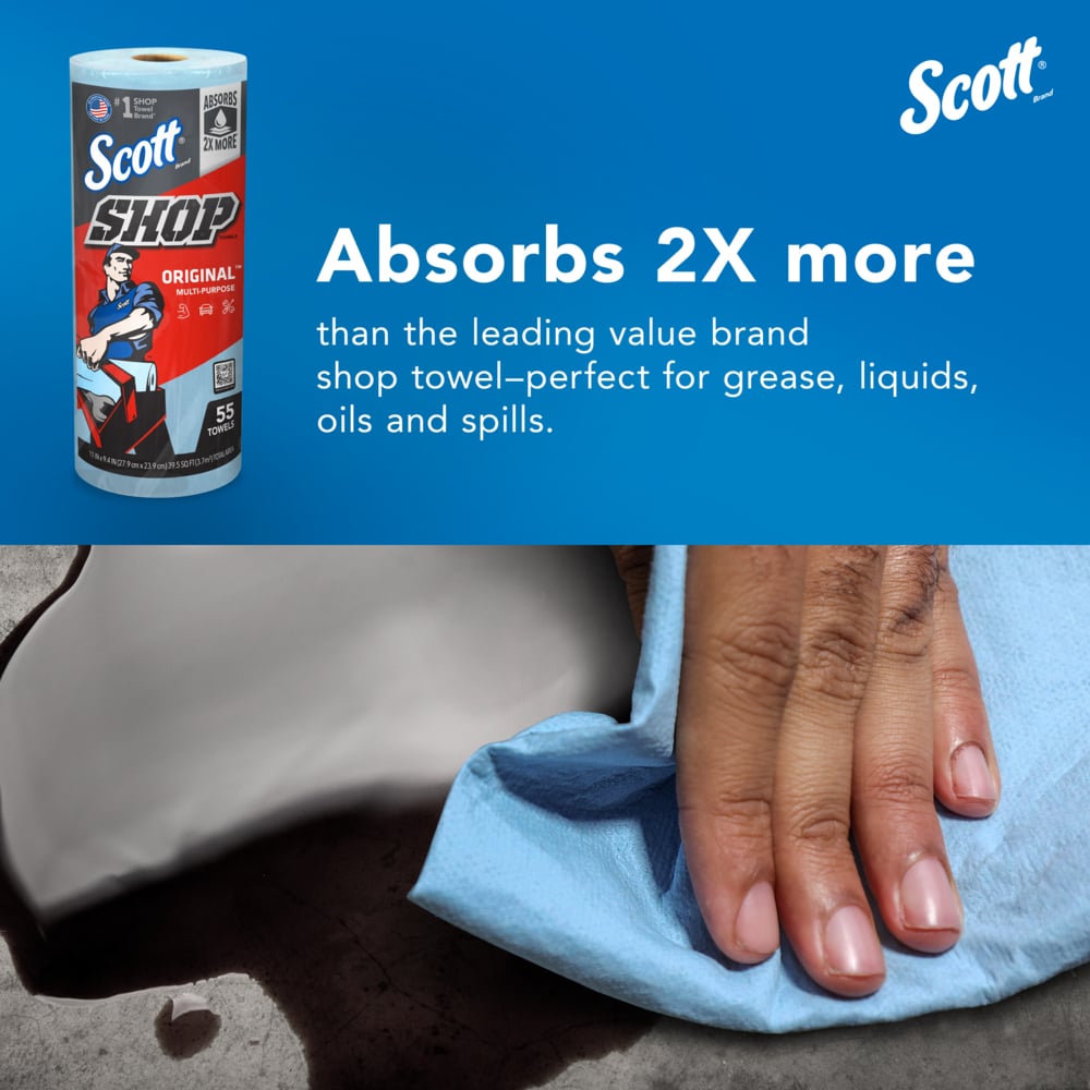 Scott® Shop Towels Original™ (75130), Original Blue Shop Towels, 9.4"x11" sheets (55 Towels/Roll, 30 Rolls/Case, 1,650 Towels/Case) - 75130