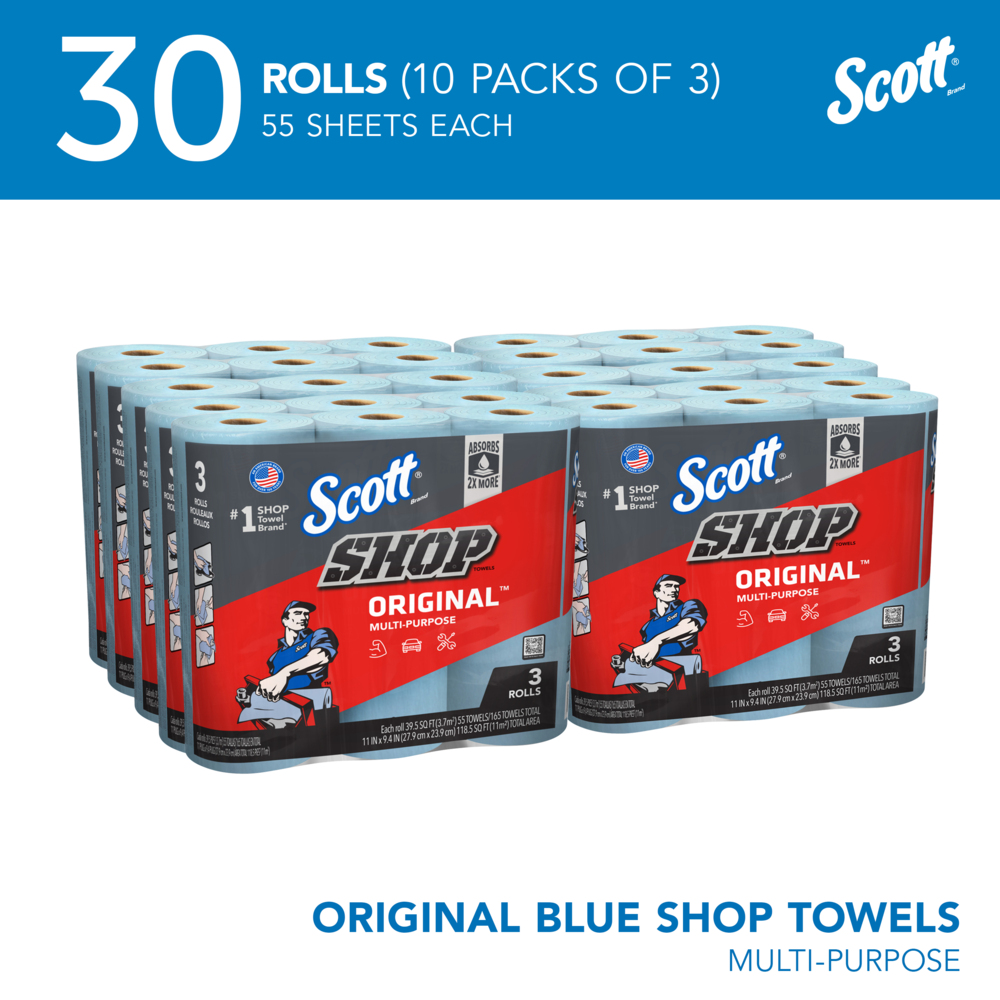 Scott® Shop Towels Original™ (75143), Original Blue Shop Towels, 9.4"x11" sheets, 10 Packs of 3 Rolls (55 Towels/Roll, 30 Rolls/Case, 1,650 Towels/Case) - 75143