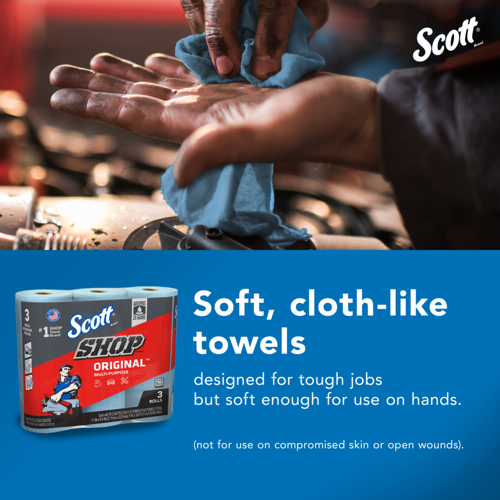 Scott® Shop Towels Original™ (75143), Original Blue Shop Towels, 9.4"x11" sheets, 10 Packs of 3 Rolls (55 Towels/Roll, 30 Rolls/Case, 1,650 Towels/Case) - 75143