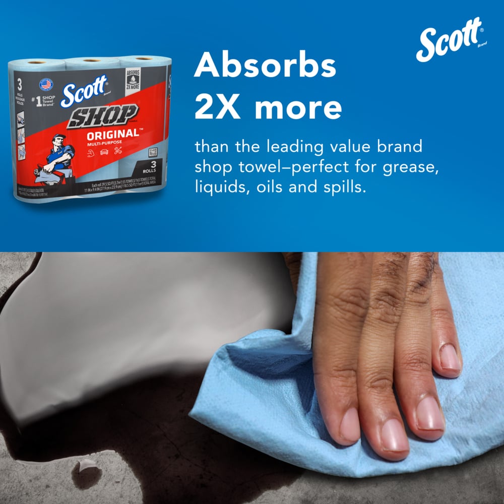 Scott® Shop Towels Original™ (75143), Original Blue Shop Towels, 9.4"x11" sheets, 10 Packs of 3 Rolls (55 Towels/Roll, 30 Rolls/Case, 1,650 Towels/Case) - 75143