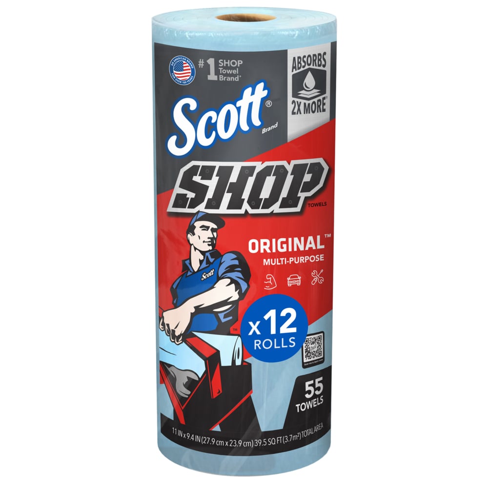 Scott® Shop Towels Original™ (75147), Original Blue Shop Towels, 9.4"x11" sheets (55 Towels/Roll, 12 Rolls/Case, 660 Towels/Case) - 75147