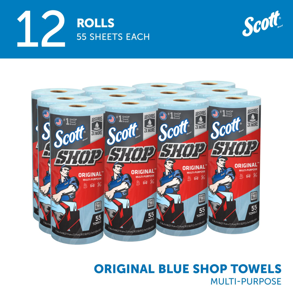Scott® Shop Towels Original™ (75147), Original Blue Shop Towels, 9.4"x11" sheets (55 Towels/Roll, 12 Rolls/Case, 660 Towels/Case) - 75147