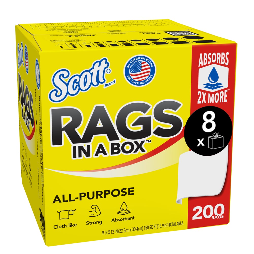 Scott® Rags In A Box™ (75260), All-Purpose Towels, 9"x12" sheets, Pop-Up™ Box (200 Towels/Box, 8 Boxes/Case, 1,600 Towels/Case) - 75260