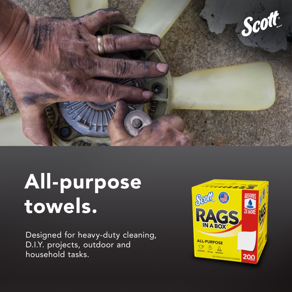 Scott® Rags In A Box™ (75260), All-Purpose Towels, 9"x12" sheets, Pop-Up™ Box (200 Towels/Box, 8 Boxes/Case, 1,600 Towels/Case) - 75260
